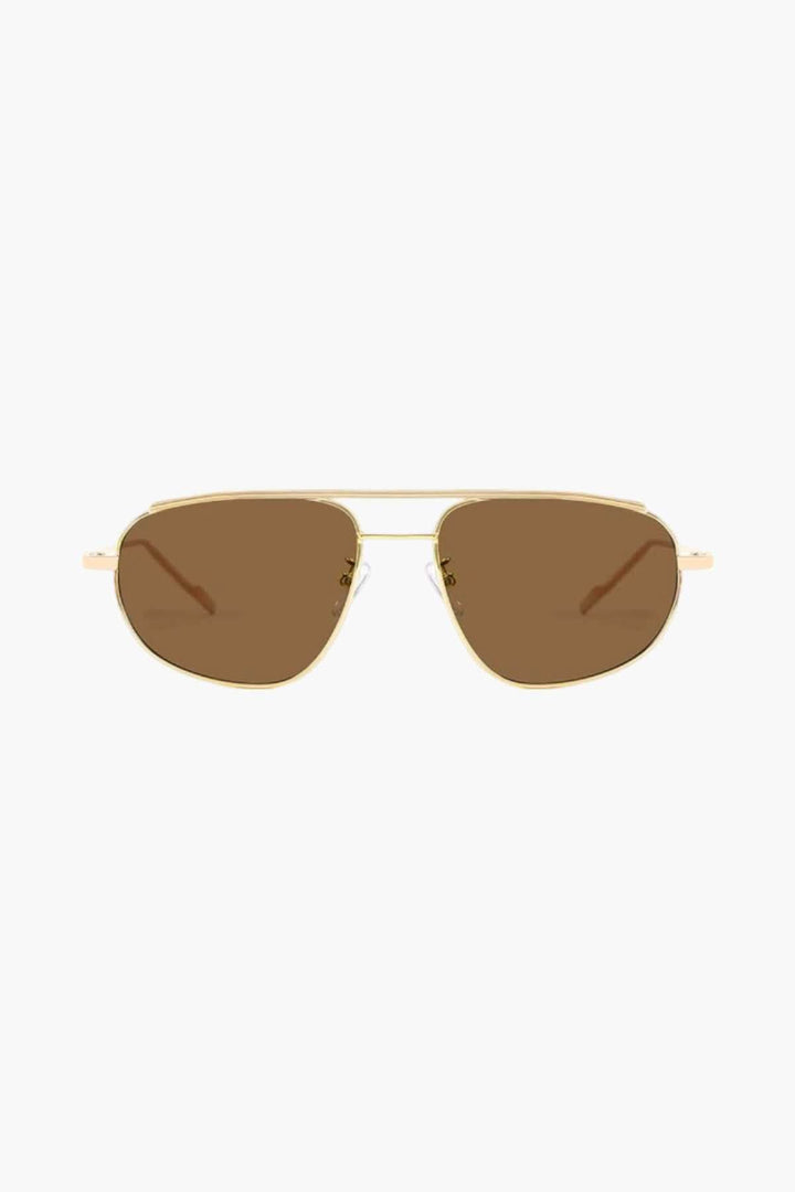 Gold-tone aviator sunglasses with brown-tinted lenses and metal frame