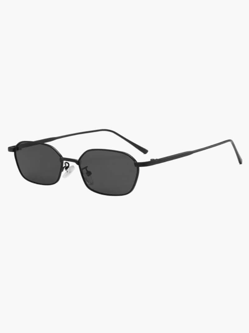 Black-framed sunglasses with dark tinted lenses and slim black temples