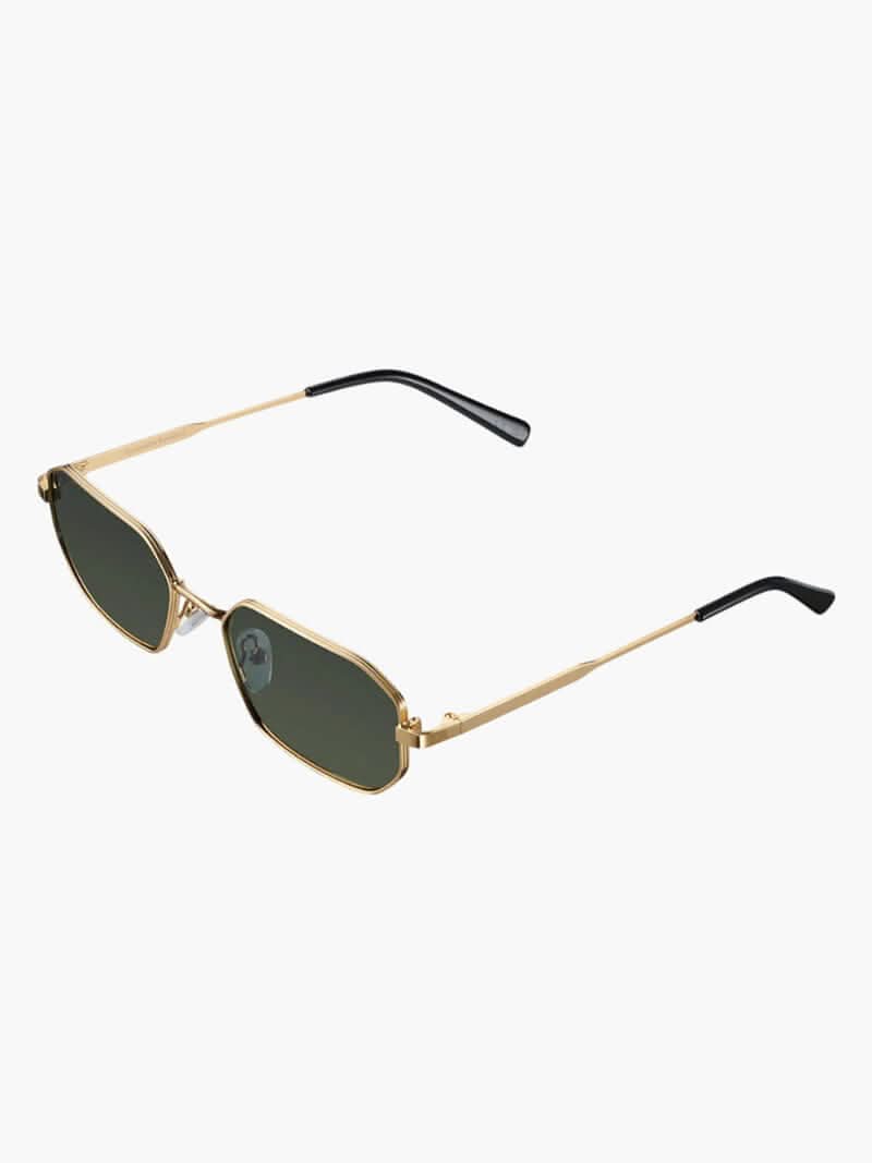 Gold-framed sunglasses with dark tinted lenses and black-tipped temples