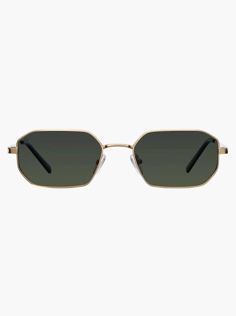 Gold-framed oval sunglasses with dark tinted lenses and flat metal bridge
