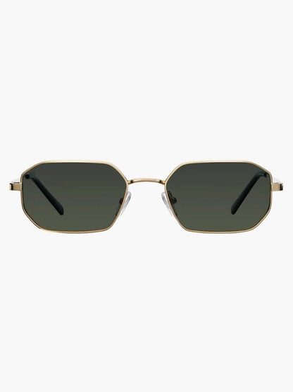 Gold-framed oval sunglasses with dark tinted lenses and flat metal bridge