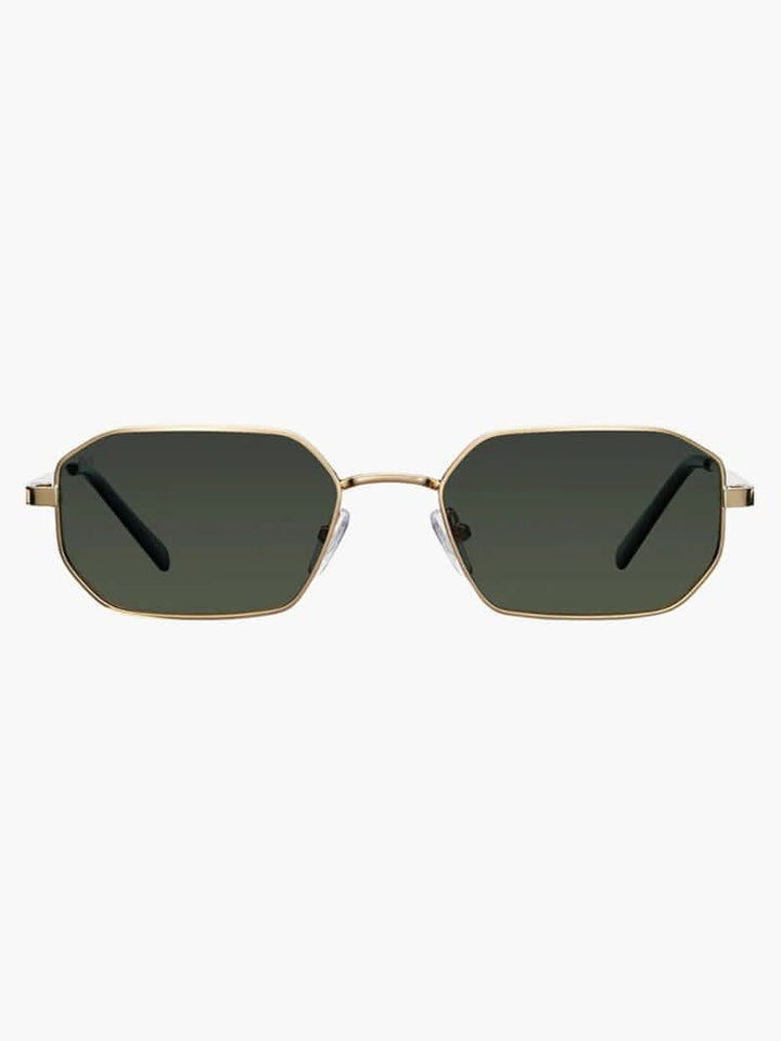 Gold-framed oval sunglasses with dark tinted lenses and flat metal bridge