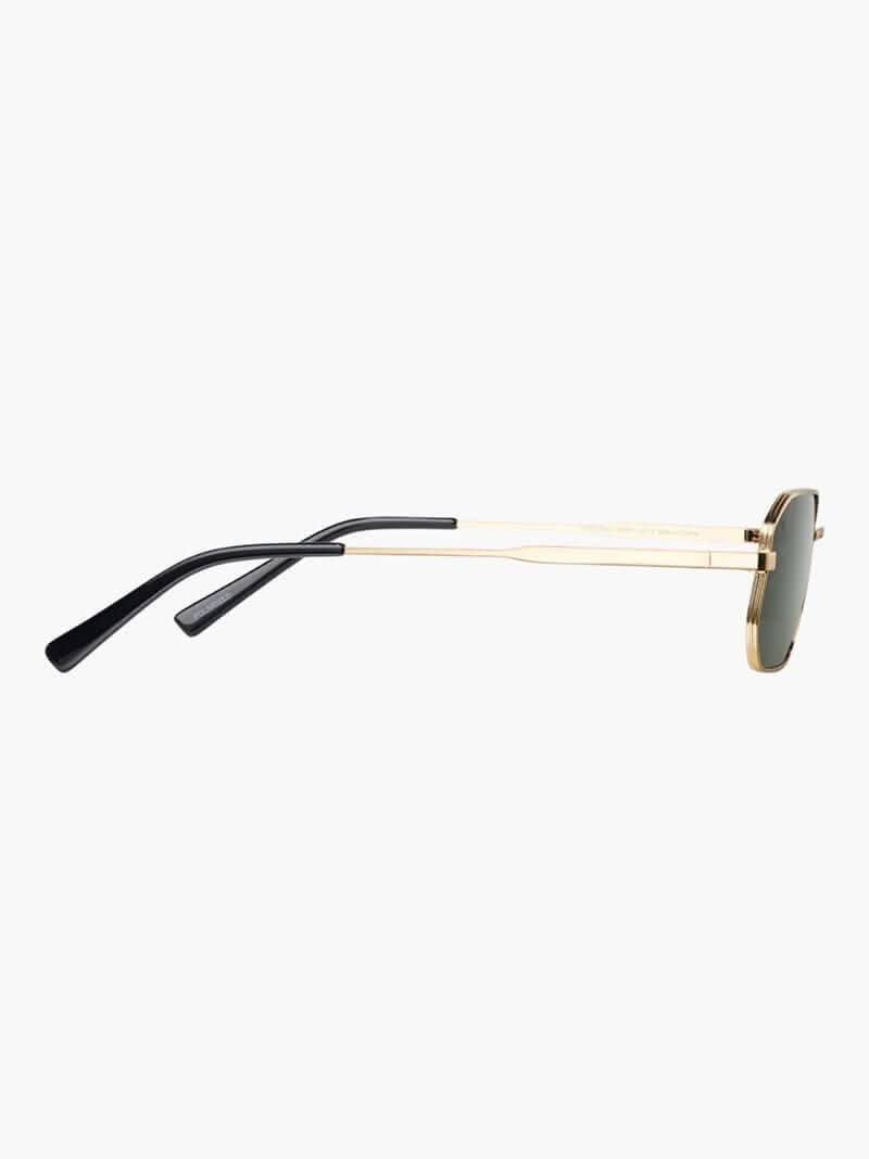 Gold-and-black sunglasses with dark lenses and slim curved temples