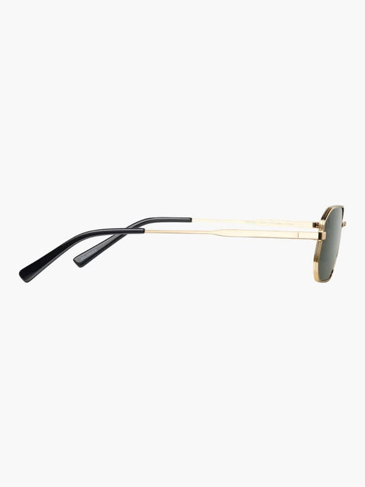 Gold-and-black sunglasses with dark lenses and slim curved temples