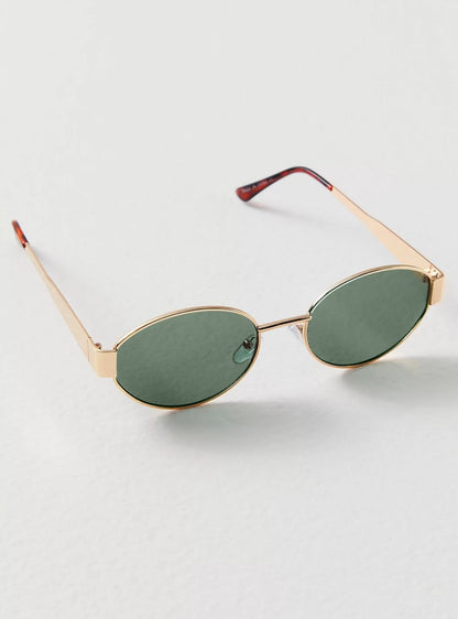 Round sunglasses with gold frame and dark green lenses, angled front view