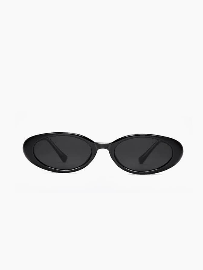 Black oval sunglasses with dark lenses, front view