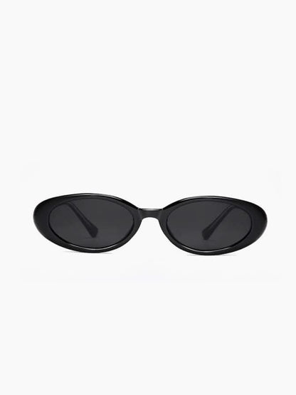 Black oval sunglasses with dark lenses, front view