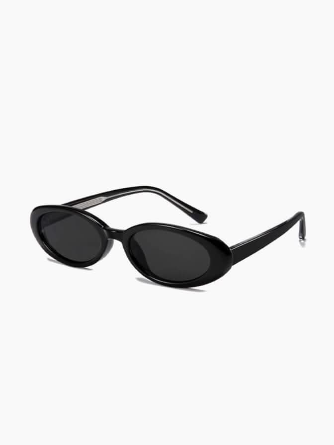 Black oval sunglasses with dark lenses and thin metal arms