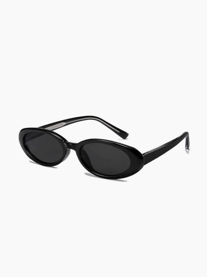 Black oval sunglasses with dark lenses and thin metal arms