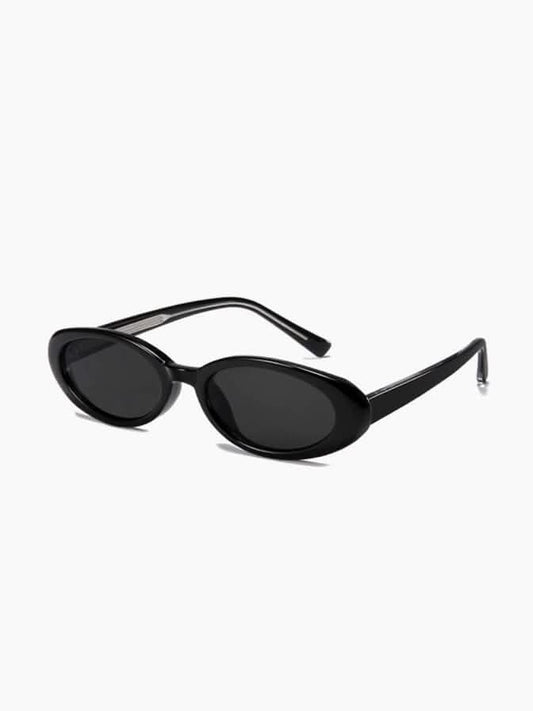 Black oval sunglasses with dark lenses and thin metal arms