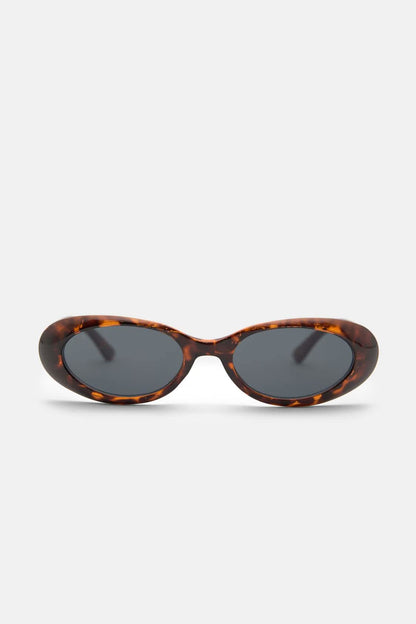 Tortoiseshell oval sunglasses with dark brown lenses