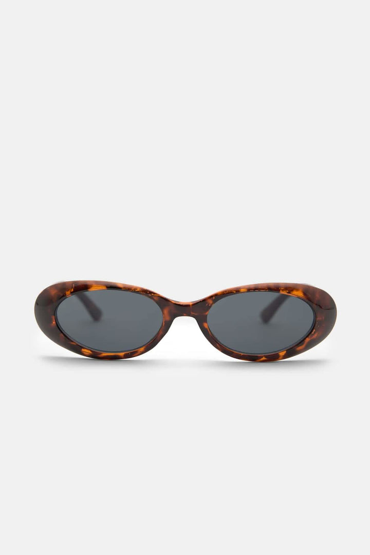 Tortoiseshell oval sunglasses with dark brown lenses