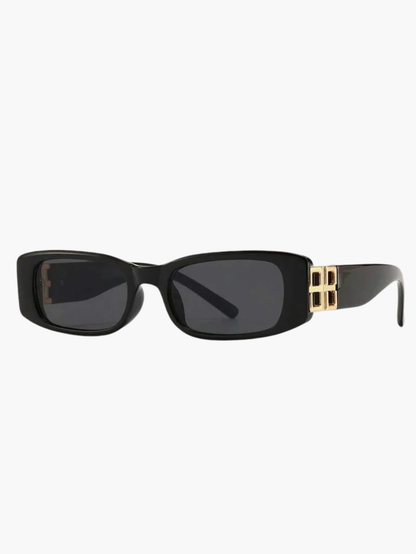 Black rectangular sunglasses with dark lenses and gold double-bridge detail at temples