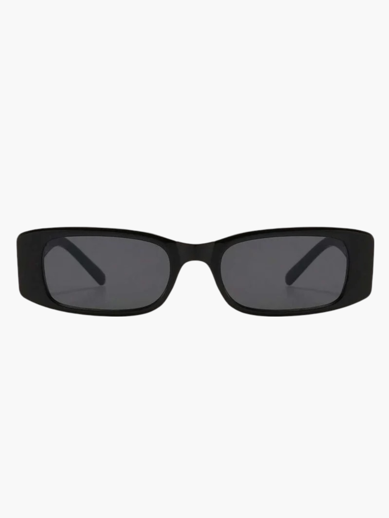 Black rectangular sunglasses with tinted lenses and angled brow detail on frame