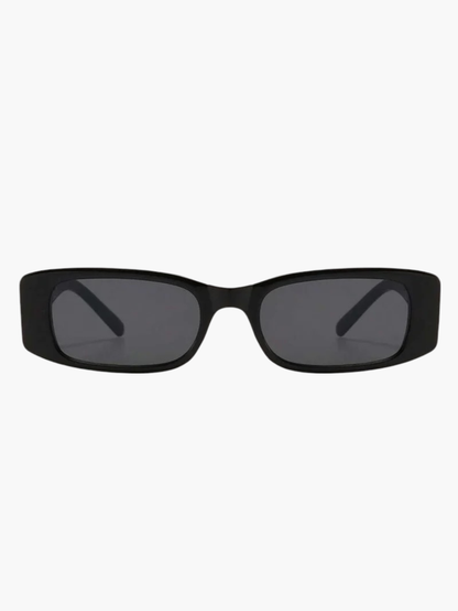 Black rectangular sunglasses with tinted lenses and angled brow detail on frame