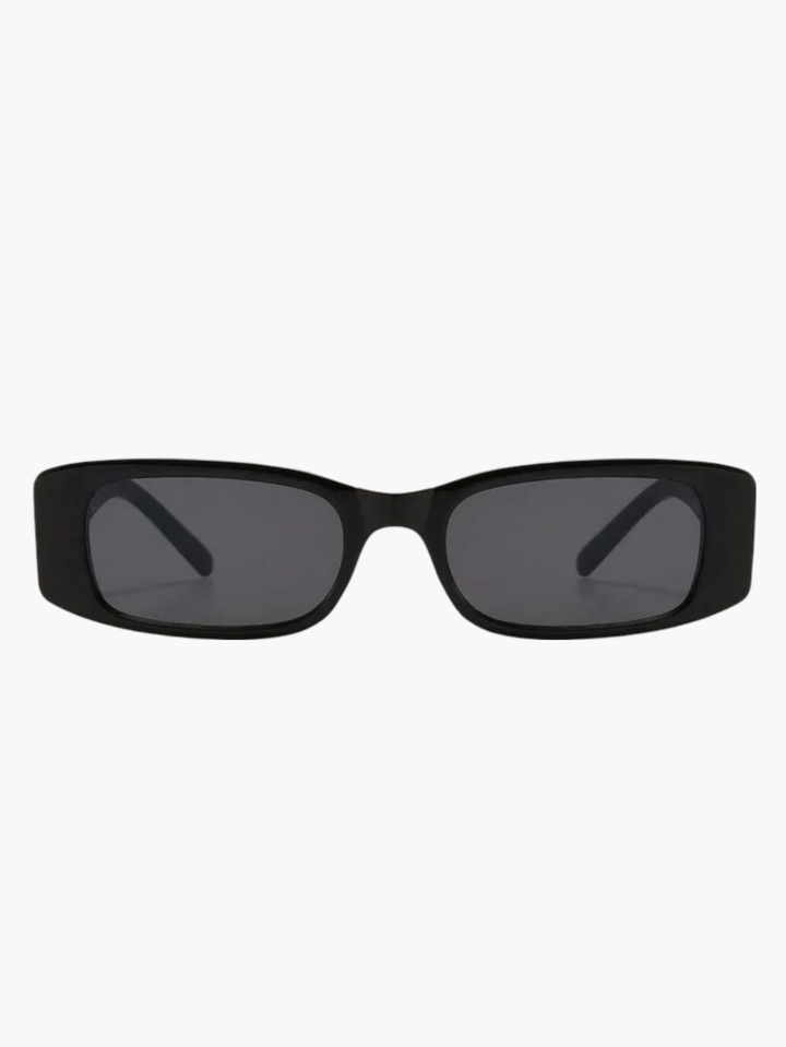 Black rectangular sunglasses with tinted lenses and angled brow detail on frame