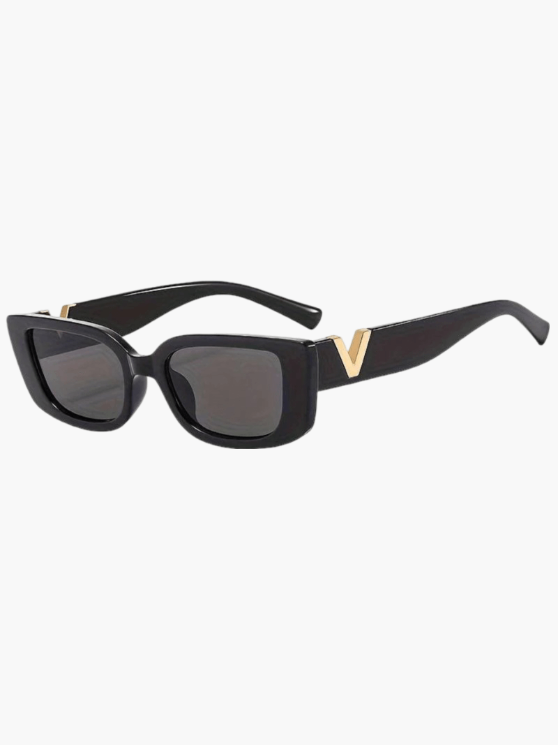 Black square sunglasses with dark lenses and gold V metal temple detail.