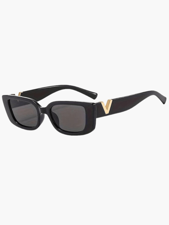 Black square sunglasses with dark lenses and gold V metal temple detail.