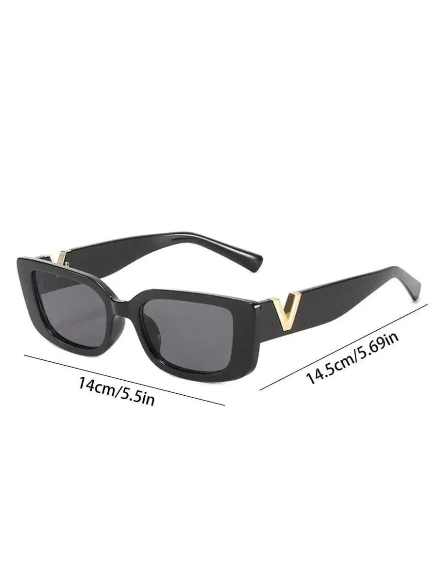 Black sunglasses with dark lenses and gold V temple detail, with size dimensions.