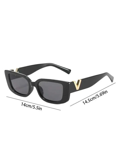 Black sunglasses with dark lenses and gold V temple detail, with size dimensions.