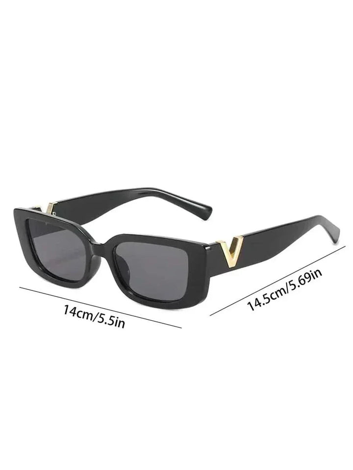 Black sunglasses with dark lenses and gold V temple detail, with size dimensions.