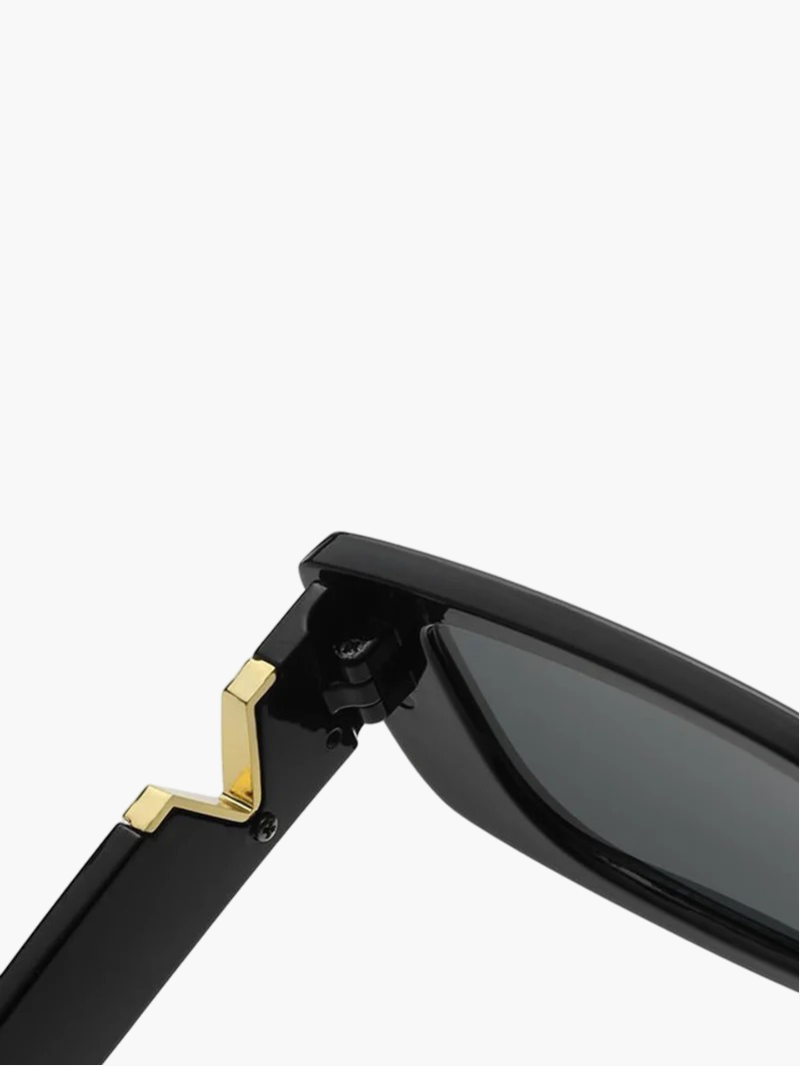 Black sunglasses closeup of temple joint with dark lens and gold V detail.