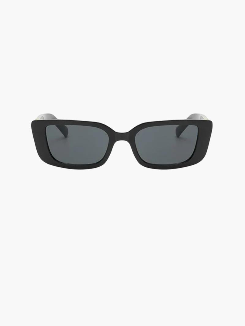 Black angular sunglasses with dark lenses and gold V temple detail.