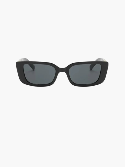 Black angular sunglasses with dark lenses and gold V temple detail.