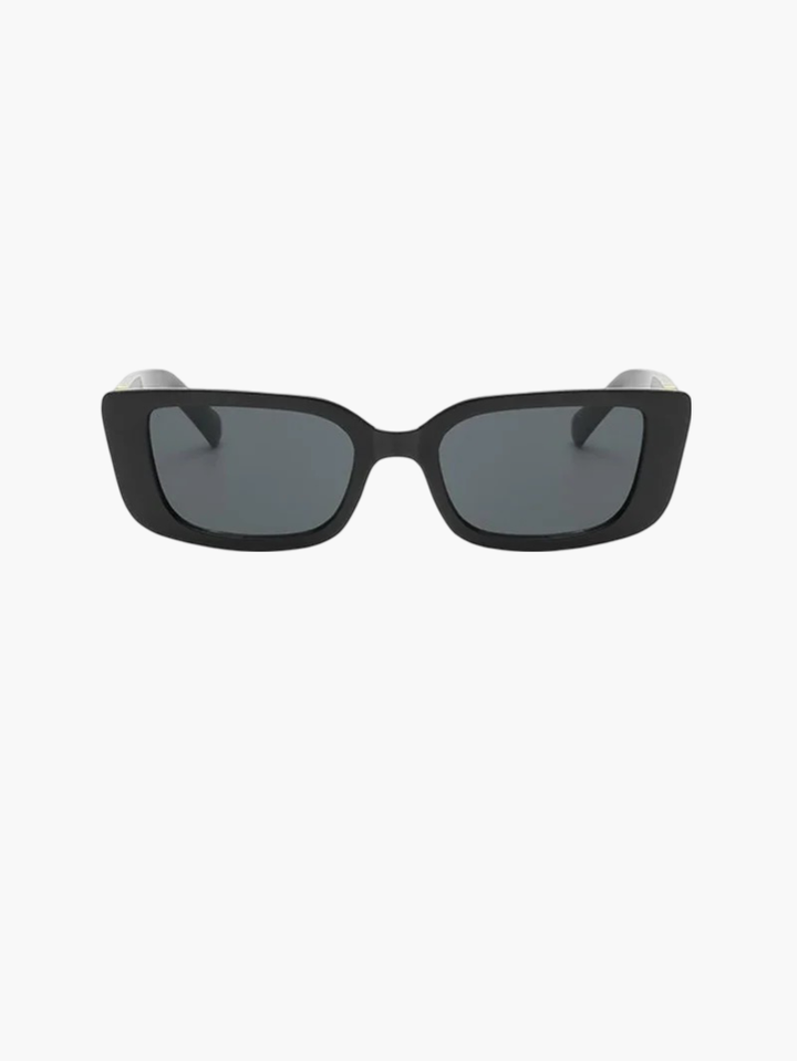 Black angular sunglasses with dark lenses and gold V temple detail.