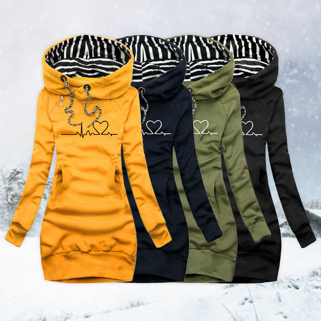 PULSE™ Cosy Heartbeat Hoodies in yellow, dark blue, green, and black with striped hood lining