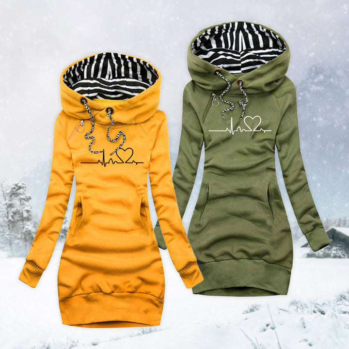 PULSE™ Cosy Heartbeat Hoodies: yellow and green pullover with striped hood lining and heart graphic