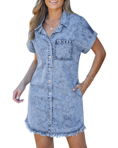 Bay blue denim shirt dress with short sleeves, button front, chest pocket, frayed hem