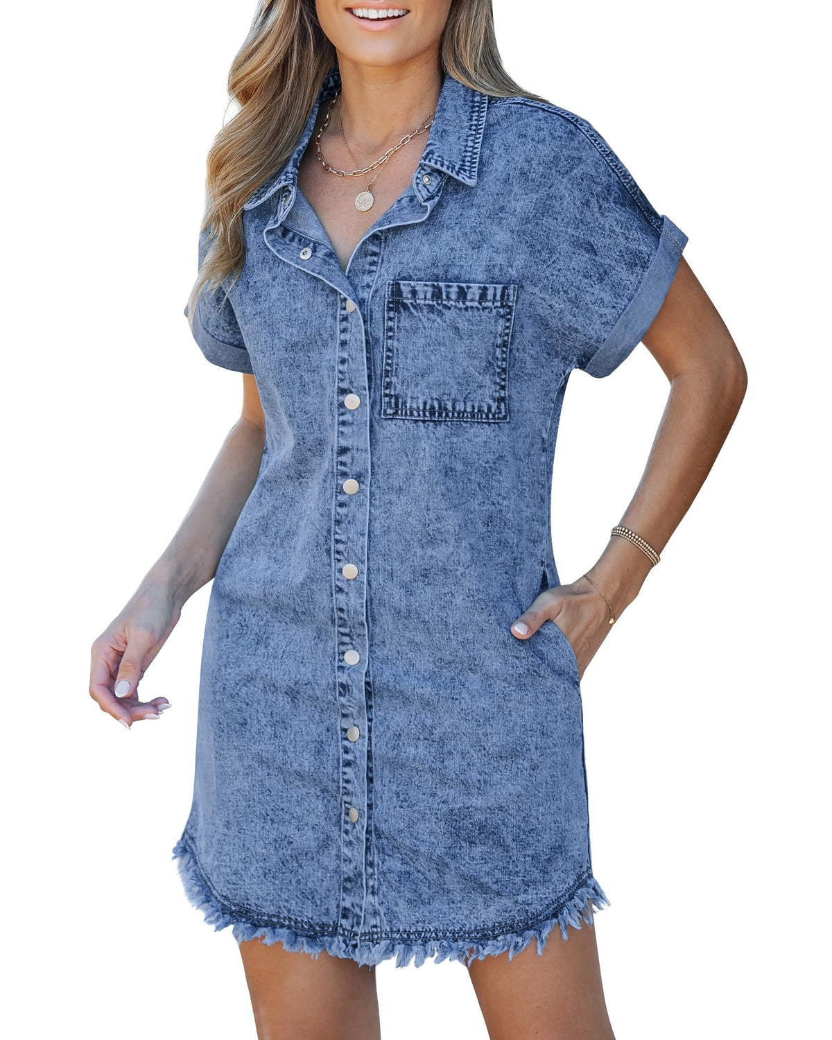 Bay blue denim shirt dress, short sleeves, button placket, chest pocket, uneven frayed hem