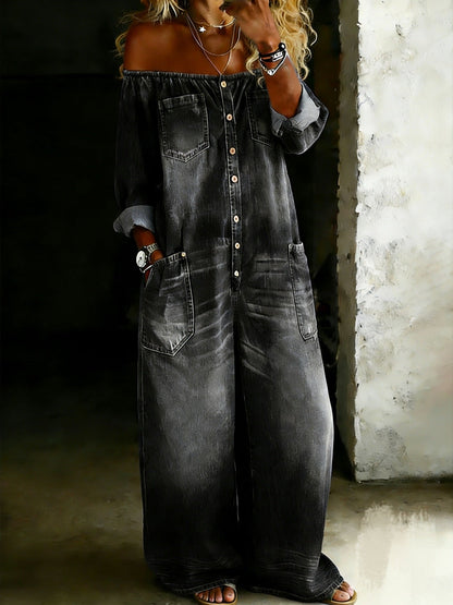 Black off-shoulder denim jumpsuit with long sleeves, button front, and cargo pockets