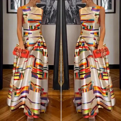 Front view sleeveless fit-and-flare evening dress with abstract multicolor print and gathered waist