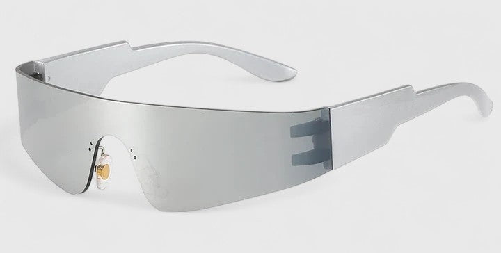 Oversized rectangular sunglasses with silver mirrored lenses and light gray frame