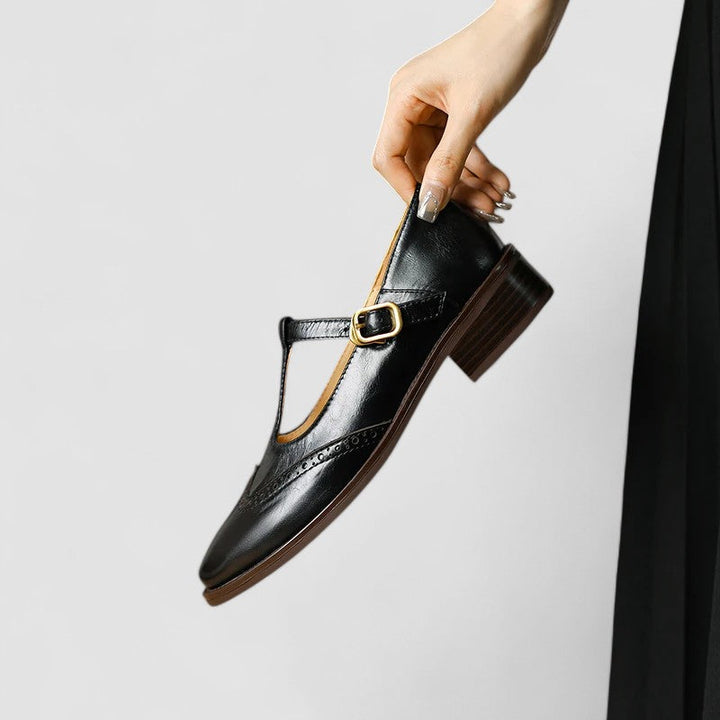 Orthopedic Mary Jane shoes, black leather look with gold-tone buckle strap