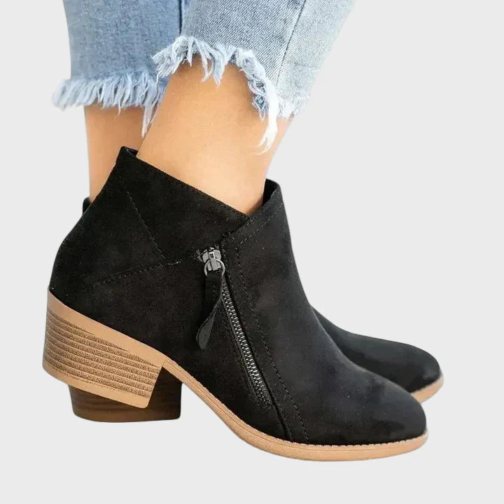 Maya orthopedic boots, black ankle boots with side zipper and textured block heel