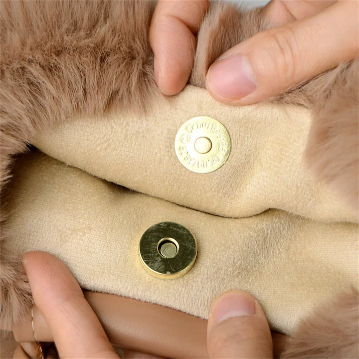 Light khaki plush tote interior with snap buttons and fabric lining pocket