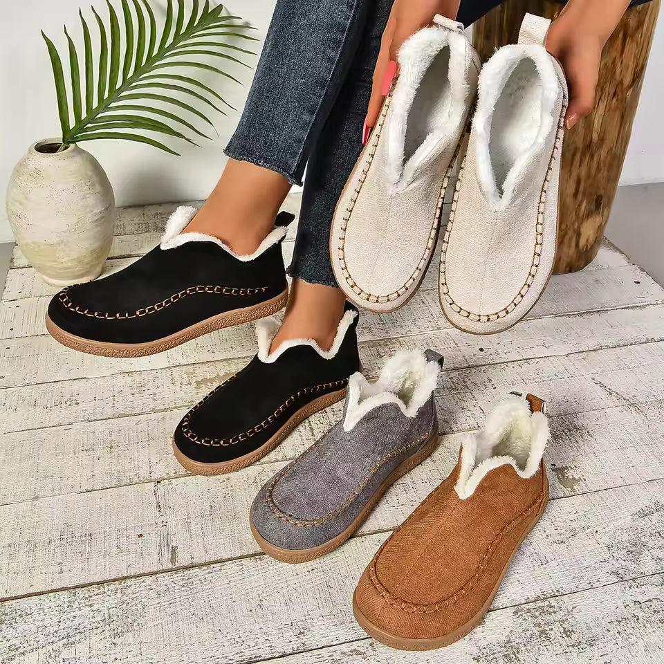 Orthopedic slip-on slippers in black, beige, gray, and brown with fuzzy lining