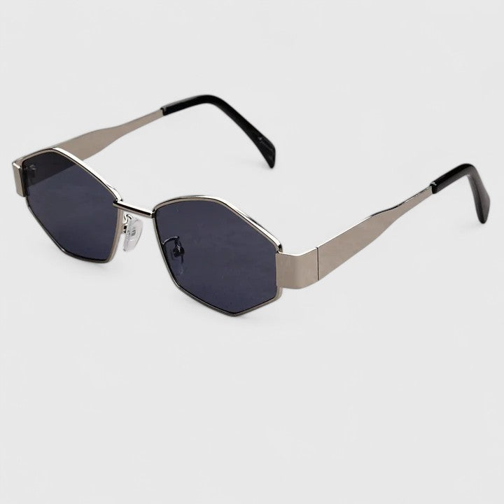 Sunglasses with silver-tone frame and dark lenses, black temple tips