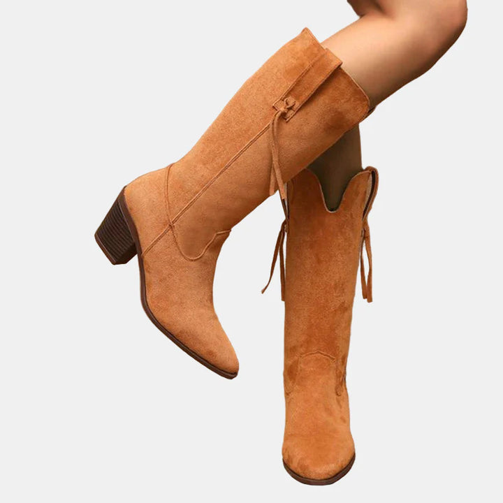 Cognac orange mid-calf faux suede boots with side tassel ties and block heel