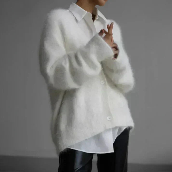 ADELE™ fuzzy mohair cardigan in white, button-front V-neck, long sleeves