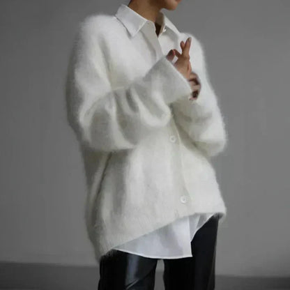 ADELE™ fuzzy mohair cardigan in white, button-front V-neck, long sleeves
