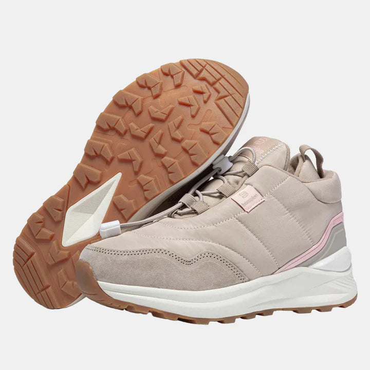 Waterproof plush sneakers in light brown with pink logo and chunky tread sole