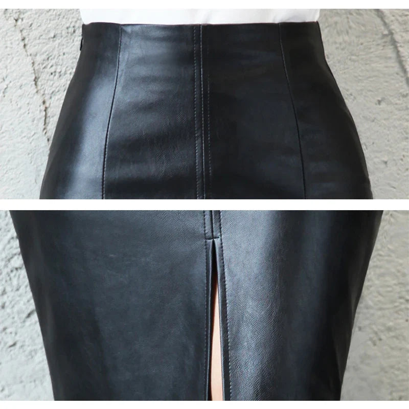Black leather skirt close-up showing waistband, center seam, and front slit