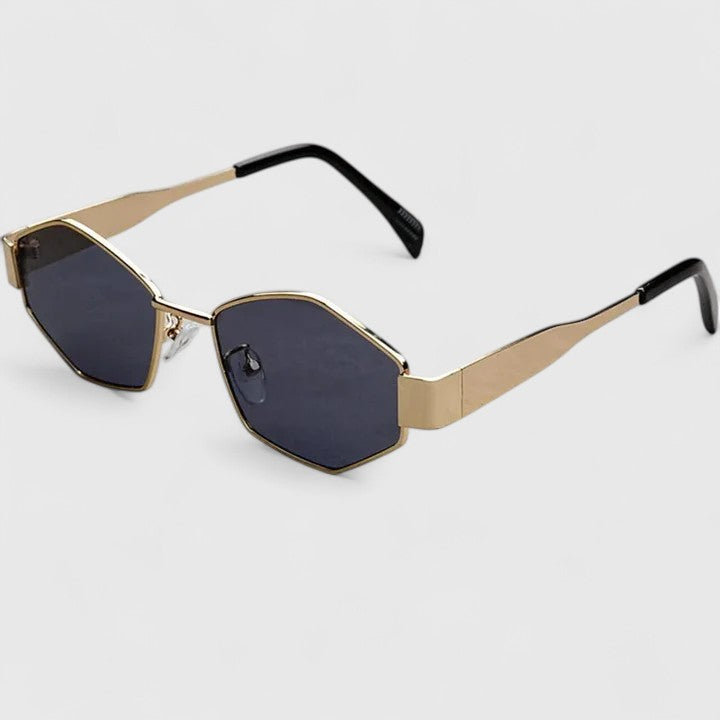 Sunglasses with gold-tone frame, black temples, and dark lenses