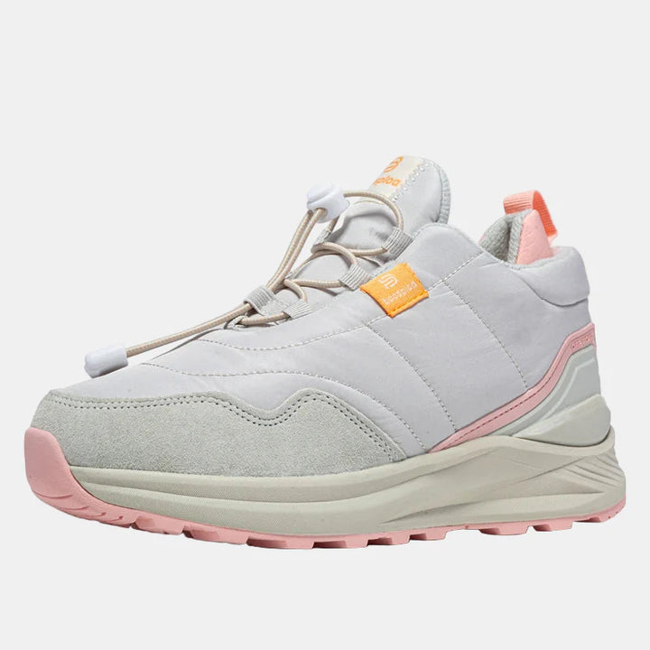 Waterproof plush sneakers, light gray upper with pink trim and lace-up front.