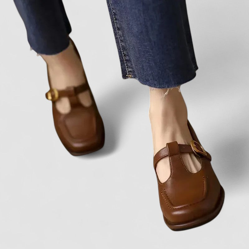 Brown T-strap Mary Jane shoes with gold-tone buckle and low block heel