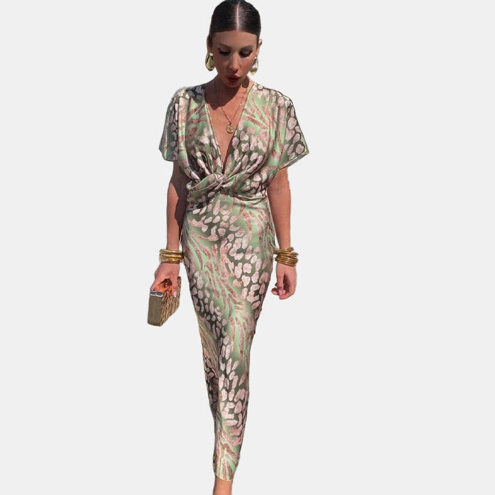 MAXINE silk dress with V-neck, short puff sleeves, twist belt waist, floral print